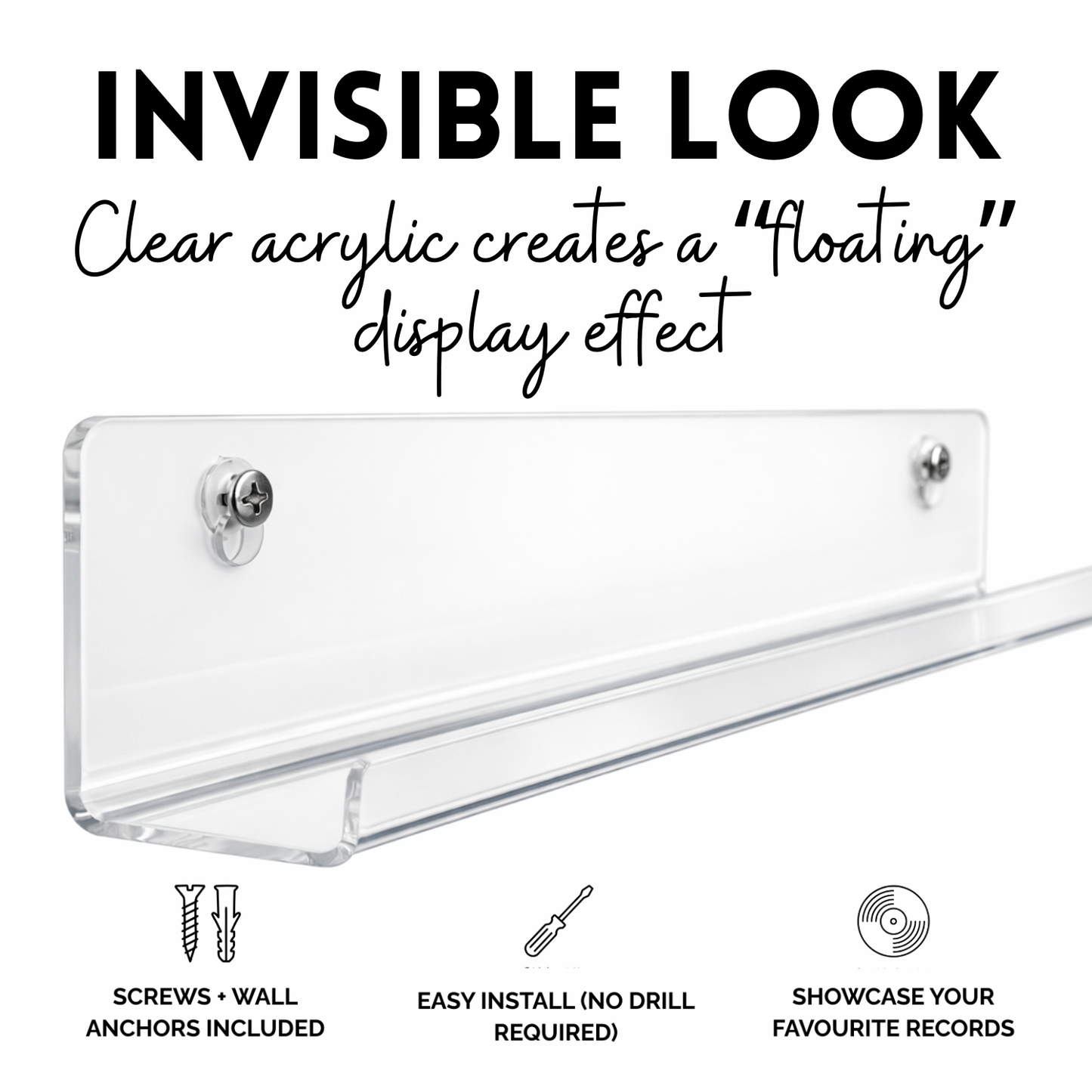 Clear Acrylic Vinyl Record Floating Shelf - 1 Pack (Ghost Rack)